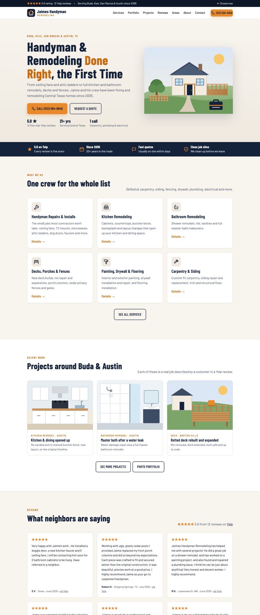 Jaimes Handyman Remodeling homepage: navy and amber layout with a condensed headline reading Handyman & Remodeling Done Right and an illustrated Texas home with a deck